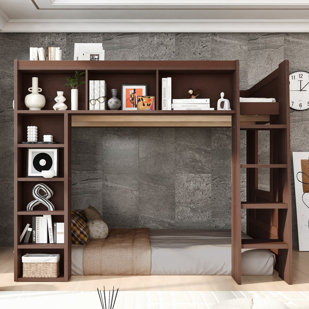Queen Loft Bed with Storage Cabinets & Bookshelf, Solid Wood Loft Bed with Ladder for Small Bedrooms