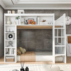 Queen Loft Bed with Storage Cabinets & Bookshelf, Solid Wood Loft Bed with Ladder for Small Bedrooms