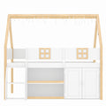 Kids House Loft Bed with Storage Shelves & Staircase, LED Wooden Bed Frame with Roof and Windows