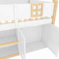 Kids House Loft Bed with Storage Shelves & Staircase, LED Wooden Bed Frame with Roof and Windows