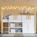 Kids House Loft Bed with Storage Shelves & Staircase, LED Wooden Bed Frame with Roof and Windows
