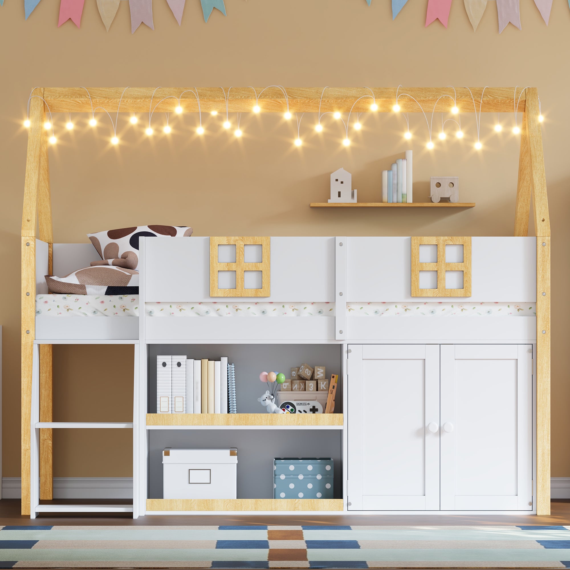 Kids House Loft Bed with Storage Shelves & Staircase, LED Wooden Bed Frame with Roof and Windows