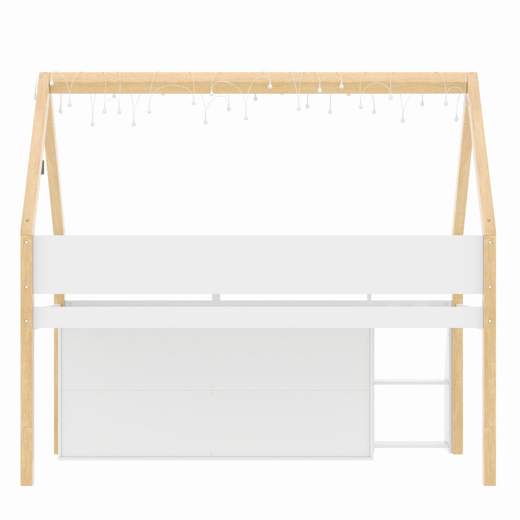 Kids House Loft Bed with Storage Shelves & Staircase, LED Wooden Bed Frame with Roof and Windows