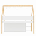 Kids House Loft Bed with Storage Shelves & Staircase, LED Wooden Bed Frame with Roof and Windows