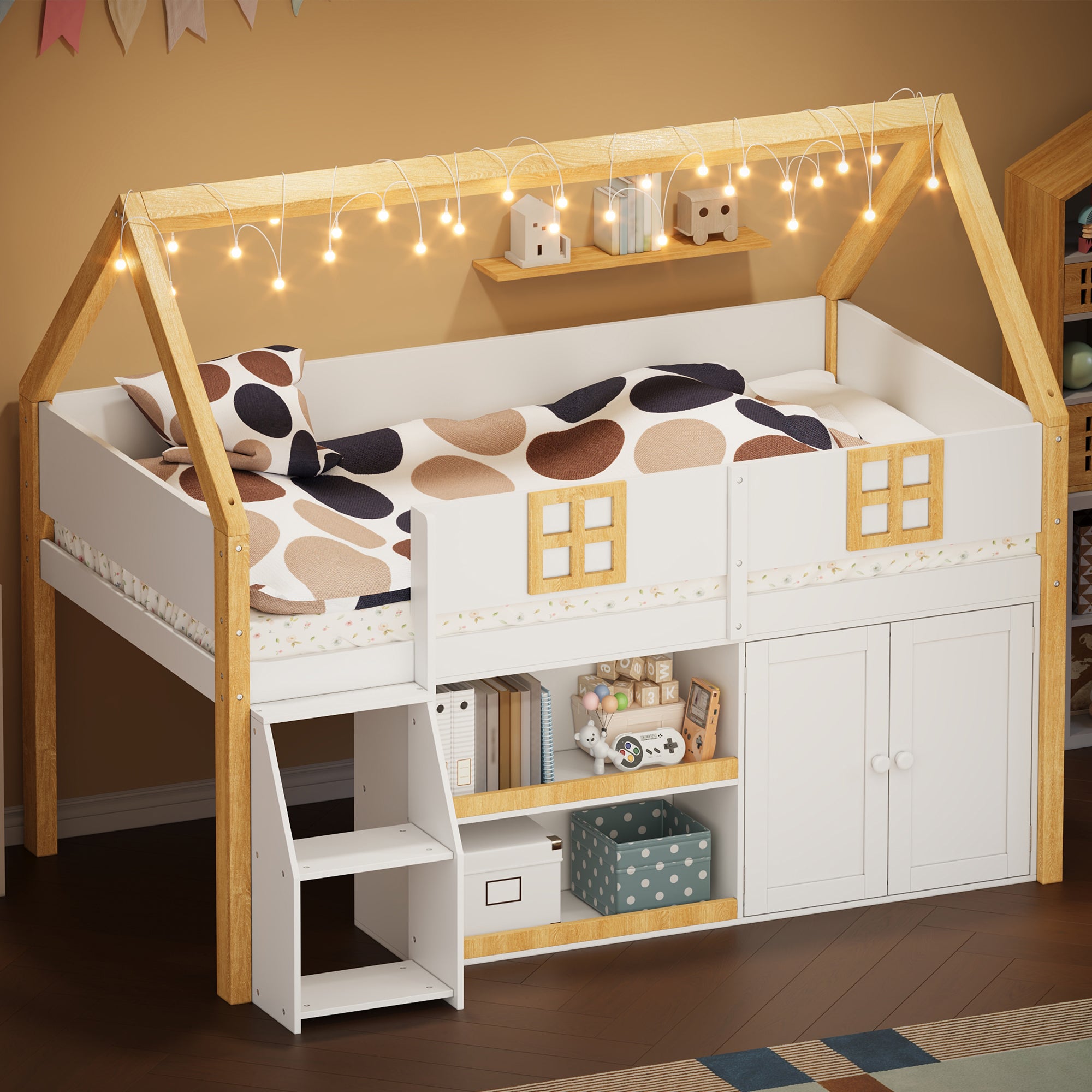 Kids House Loft Bed with Storage Shelves & Staircase, LED Wooden Bed Frame with Roof and Windows