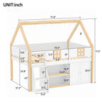 Kids House Loft Bed with Storage Shelves & Staircase, LED Wooden Bed Frame with Roof and Windows