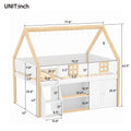 Kids House Loft Bed with Storage Shelves & Staircase, LED Wooden Bed Frame with Roof and Windows