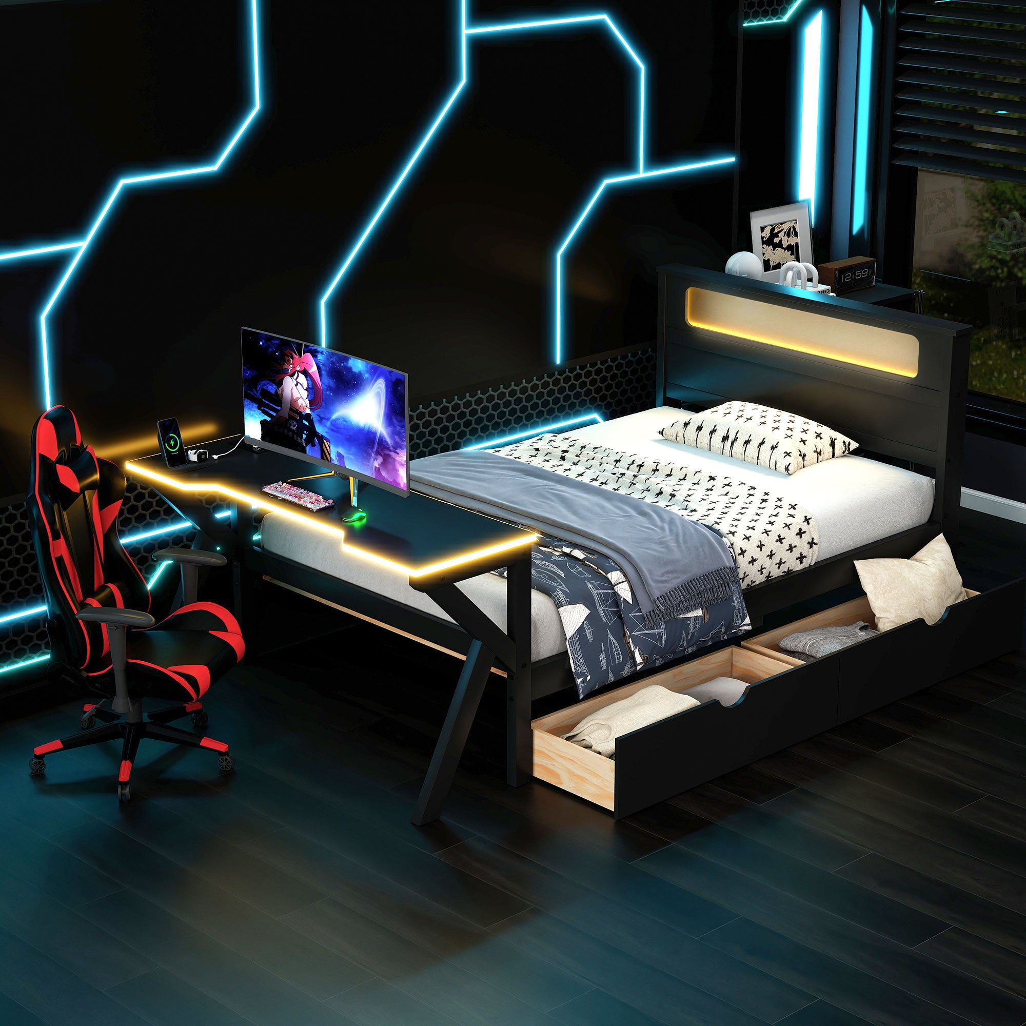 GDF Studio LED Platform Bed with Storage Drawers, USB Charging Station & Metal Frame