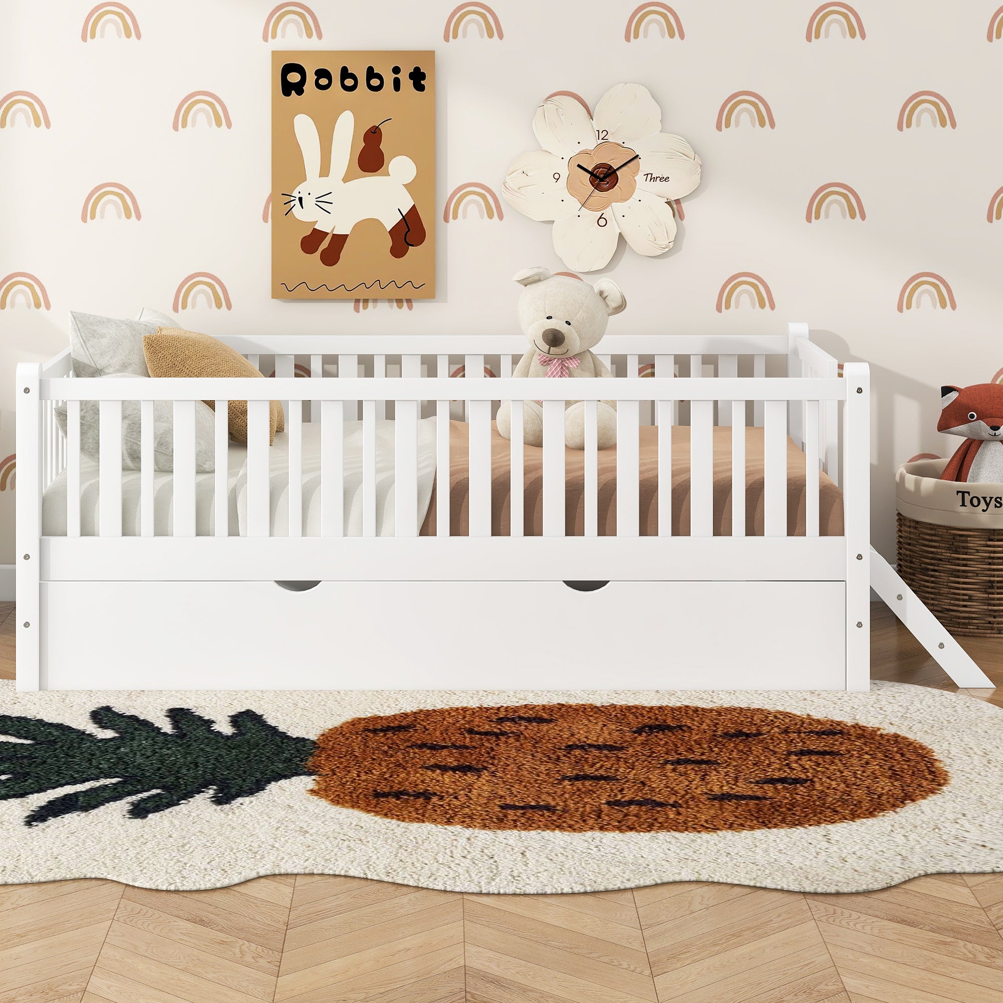 GDF Studio Kids Wooden Platform Bed with Semi-Enclosed Fence & Pull-Out Trundle