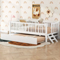 GDF Studio Kids Wooden Platform Bed with Semi-Enclosed Fence & Pull-Out Trundle