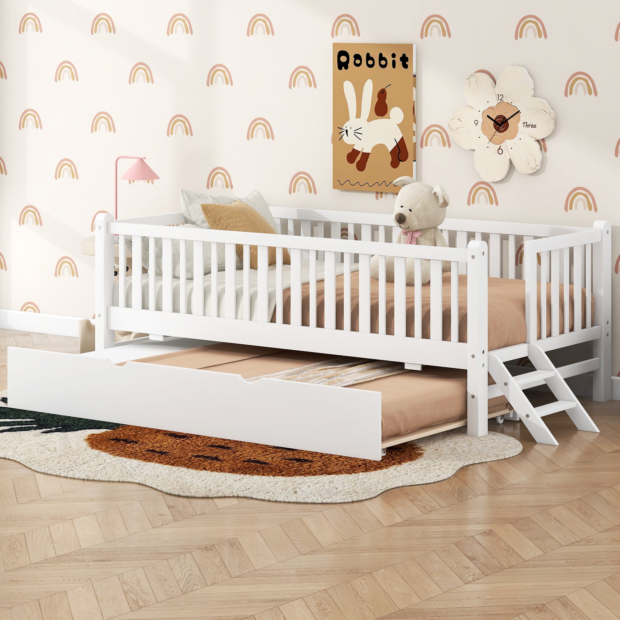 GDF Studio Kids Wooden Platform Bed with Semi-Enclosed Fence & Pull-Out Trundle