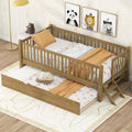 GDF Studio Kids Wooden Platform Bed with Semi-Enclosed Fence & Pull-Out Trundle