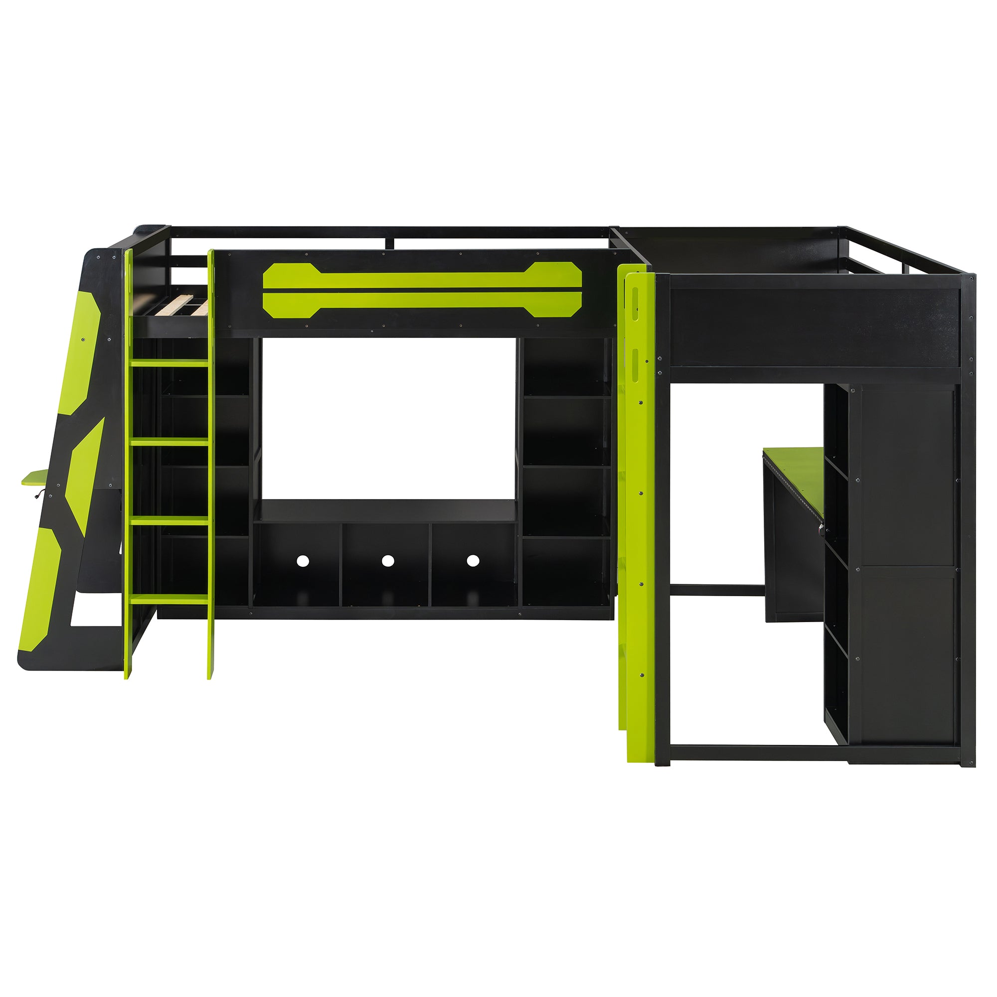 L-Shaped Twin Bunk Bed with LED Lights, USB Ports, TV Stand & Storage Shelves, Solid Wood Gaming Bed Frame