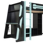 L-Shaped Twin Bunk Bed with LED Lights, USB Ports, TV Stand & Storage Shelves, Solid Wood Gaming Bed Frame