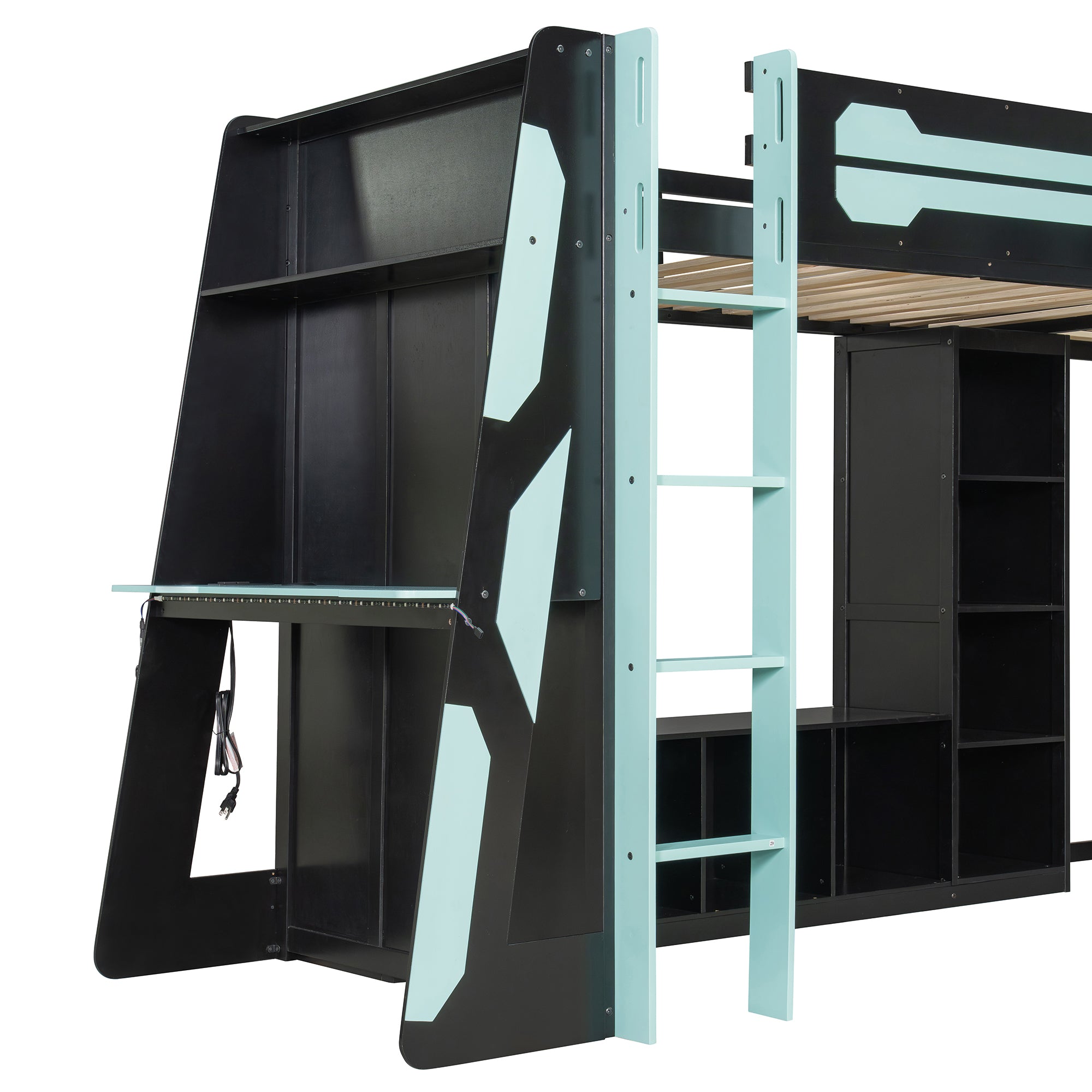 L-Shaped Twin Bunk Bed with LED Lights, USB Ports, TV Stand & Storage Shelves, Solid Wood Gaming Bed Frame