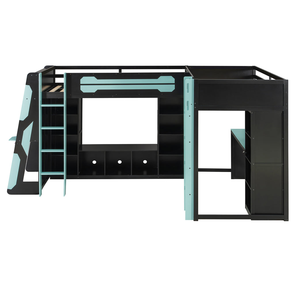 L-Shaped Twin Bunk Bed with LED Lights, USB Ports, TV Stand & Storage Shelves, Solid Wood Gaming Bed Frame