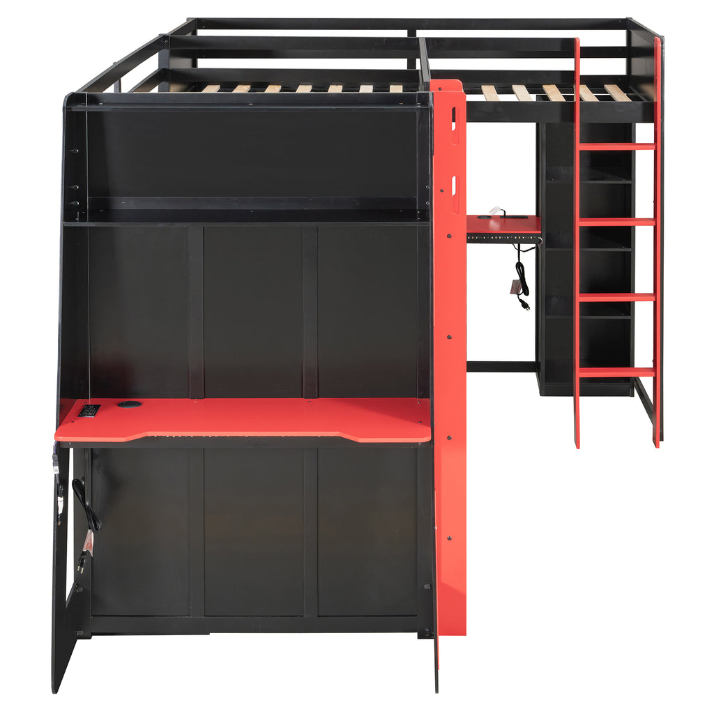 L-Shaped Twin Bunk Bed with LED Lights, USB Ports, TV Stand & Storage Shelves, Solid Wood Gaming Bed Frame
