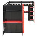 L-Shaped Twin Bunk Bed with LED Lights, USB Ports, TV Stand & Storage Shelves, Solid Wood Gaming Bed Frame