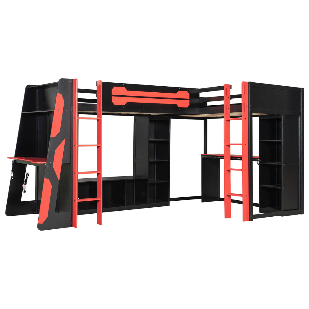 L-Shaped Twin Bunk Bed with LED Lights, USB Ports, TV Stand & Storage Shelves, Solid Wood Gaming Bed Frame