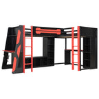 L-Shaped Twin Bunk Bed with LED Lights, USB Ports, TV Stand & Storage Shelves, Solid Wood Gaming Bed Frame