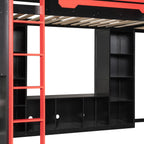 L-Shaped Twin Bunk Bed with LED Lights, USB Ports, TV Stand & Storage Shelves, Solid Wood Gaming Bed Frame