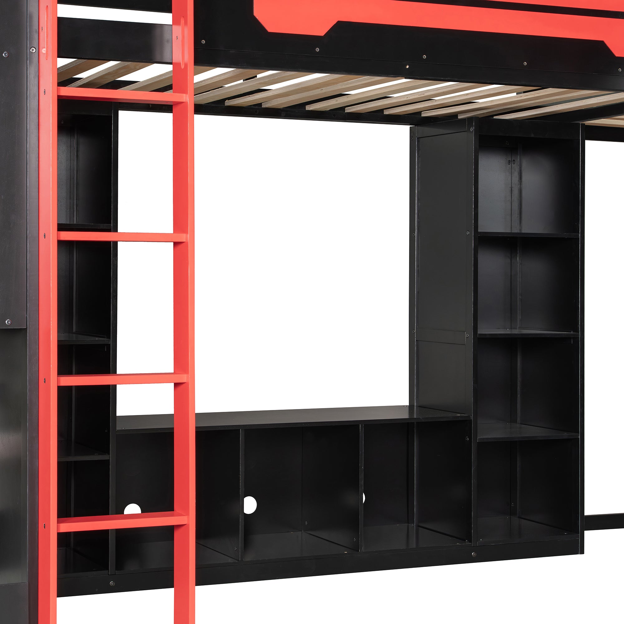 L-Shaped Twin Bunk Bed with LED Lights, USB Ports, TV Stand & Storage Shelves, Solid Wood Gaming Bed Frame