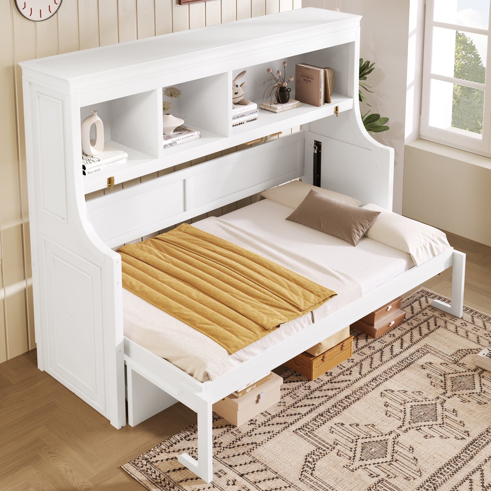 GDF Studio Twin Size Murphy Bed with Desk & Storage Shelves, Space-Saving Wall Bed Cabinet
