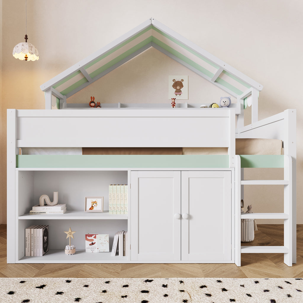 GDF Studio Loft Bed with Canopy Roof and Storage Cabinet, Full Size