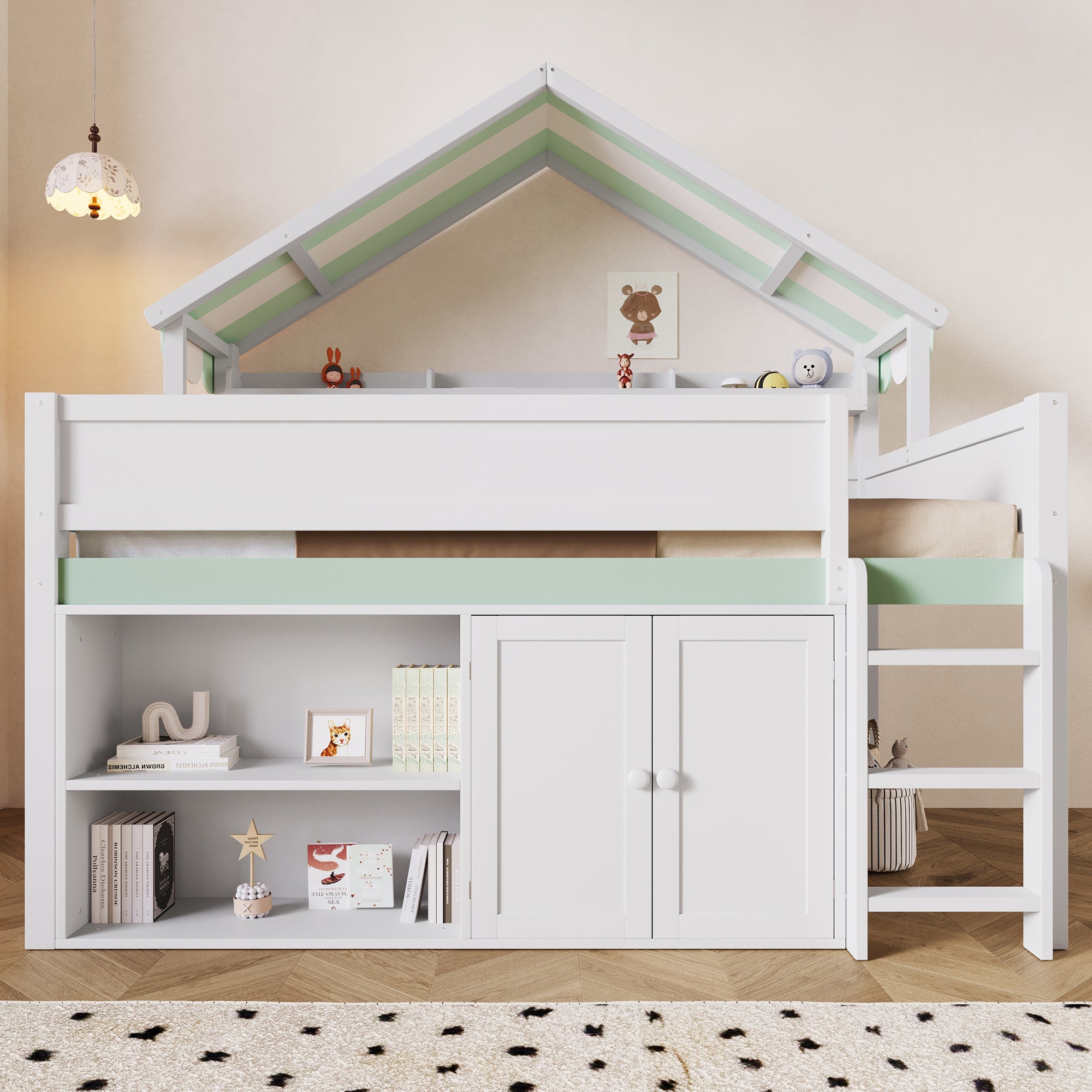 GDF Studio Loft Bed with Canopy Roof and Storage Cabinet, Full Size