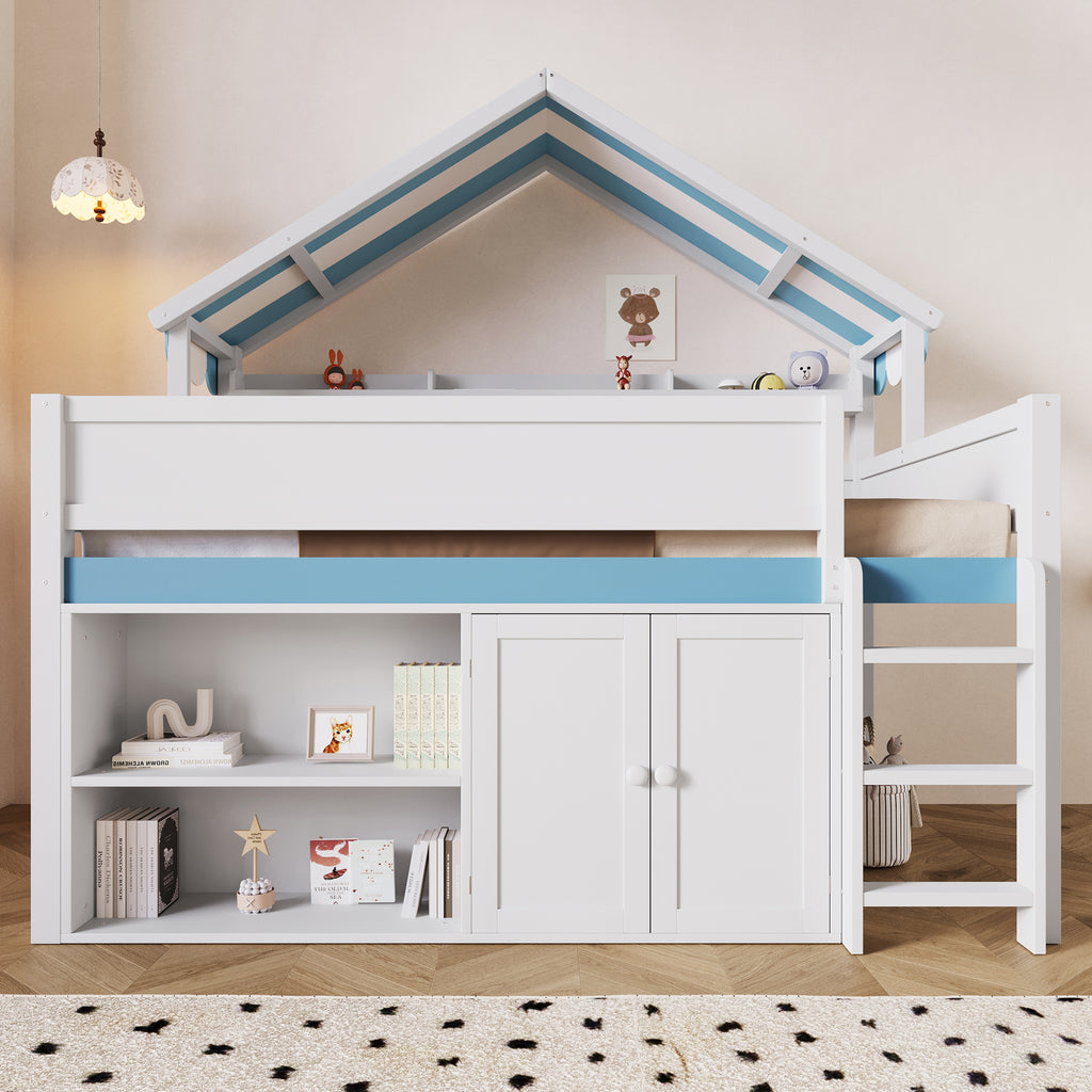 GDF Studio Loft Bed with Canopy Roof and Storage Cabinet, Full Size