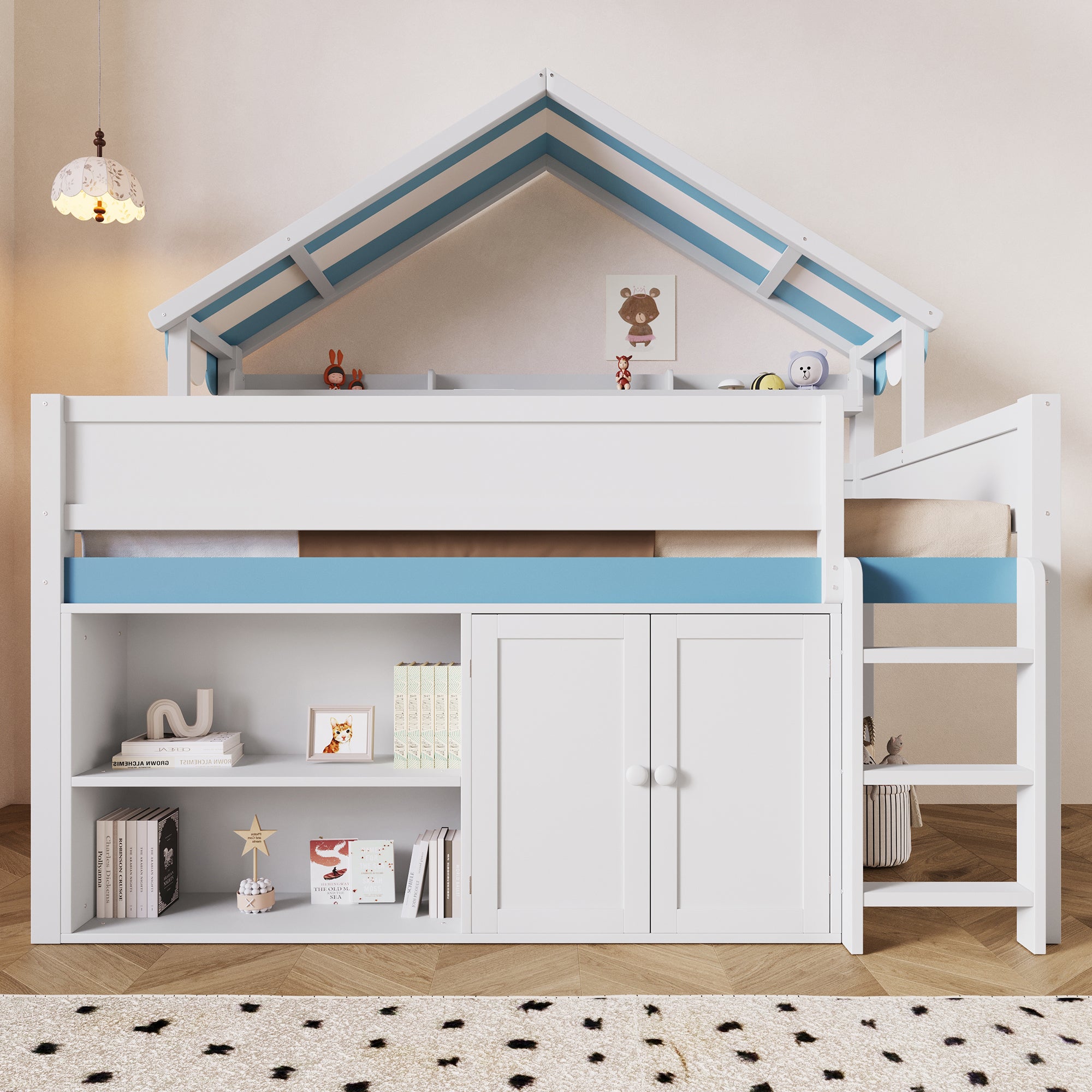 GDF Studio Loft Bed with Canopy Roof and Storage Cabinet, Full Size