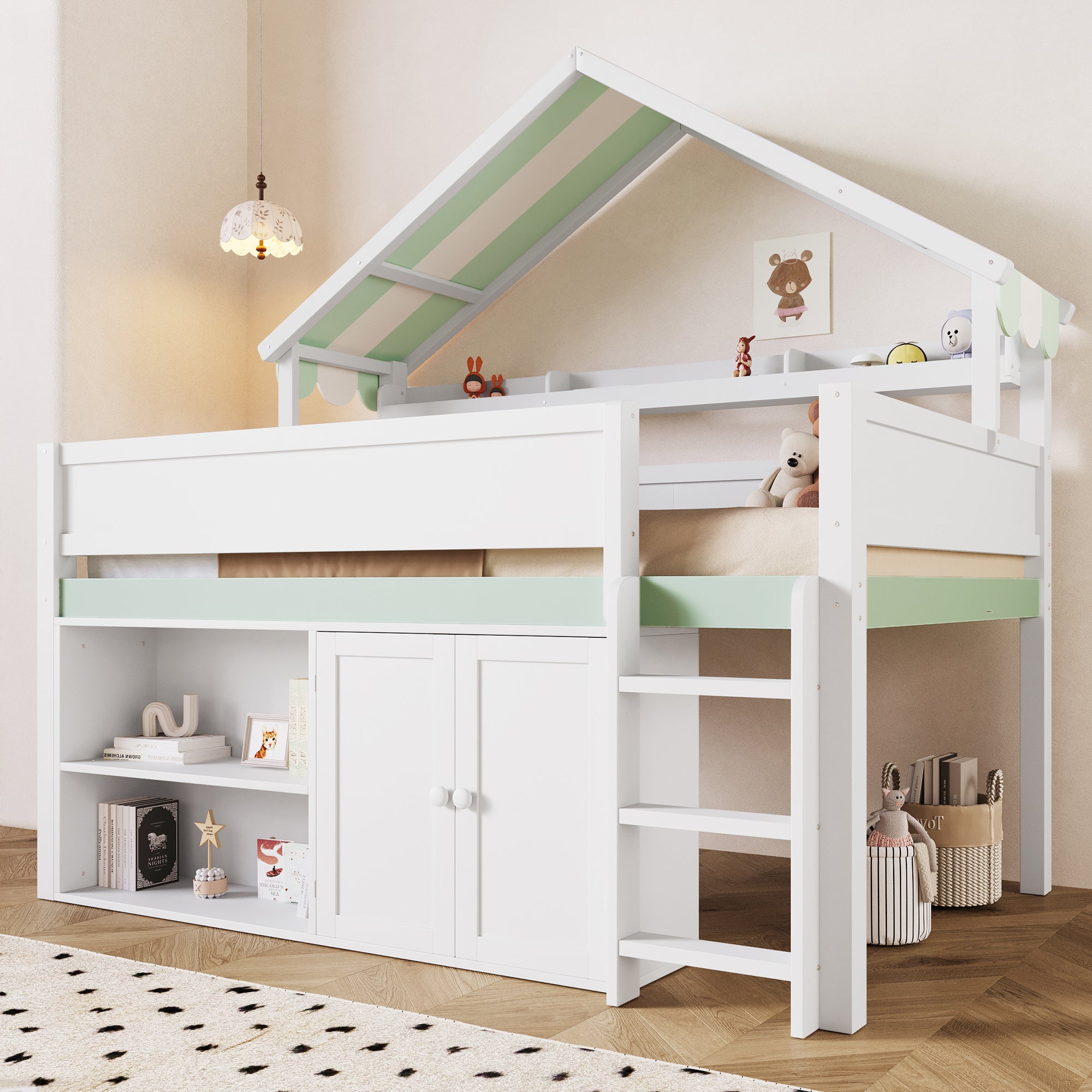 GDF Studio Loft Bed with Canopy Roof and Storage Cabinet, Full Size