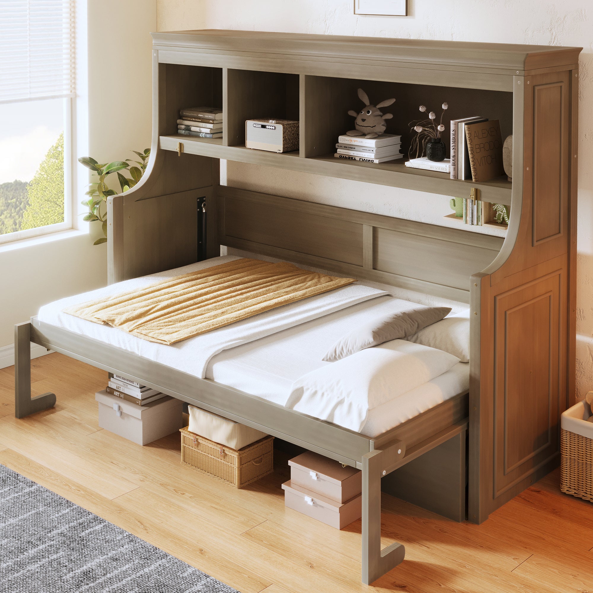 GDF Studio Twin Size Murphy Bed with Desk & Storage Shelves, Space-Saving Wall Bed Cabinet