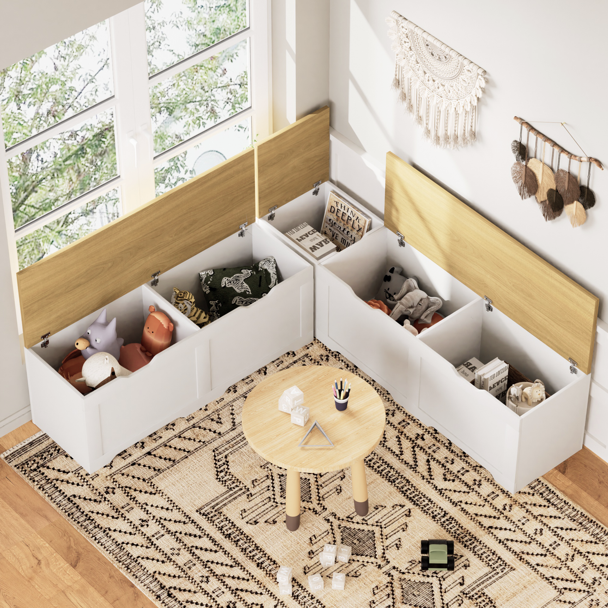 GDFStudio Gaela Farmhouse L-Shaped Storage 63" Benches