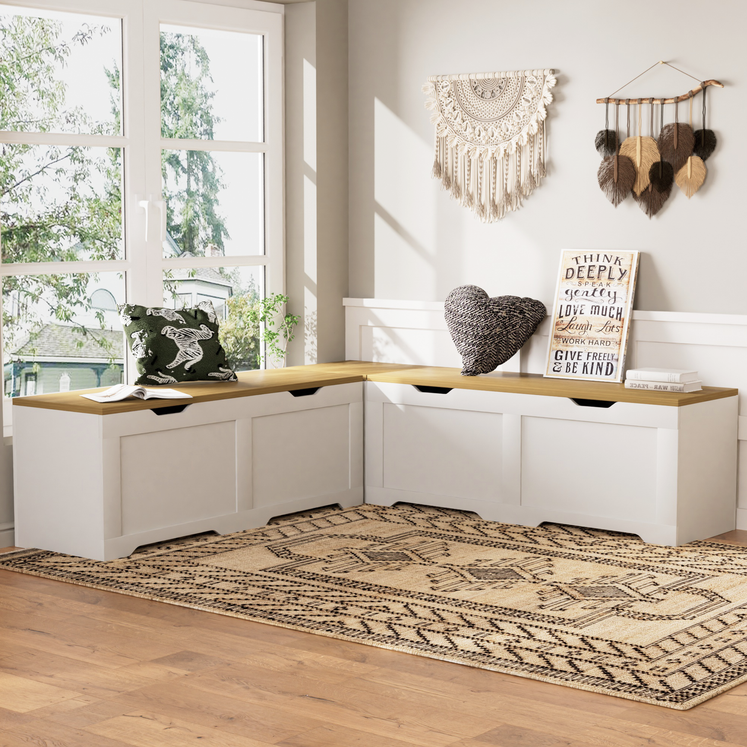 GDFStudio Gaela Farmhouse L-Shaped Storage 63" Benches