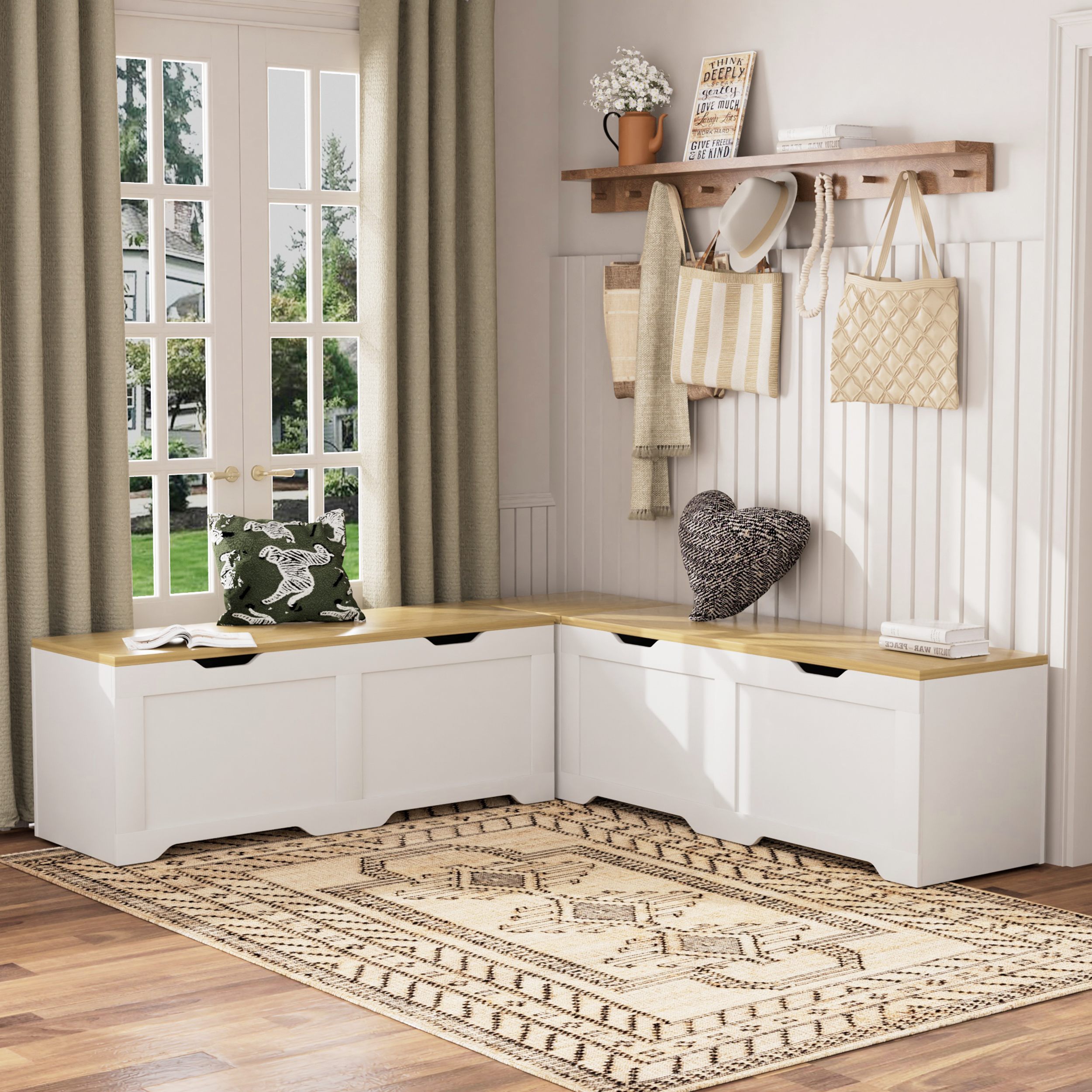 GDFStudio Gaela Farmhouse L-Shaped Storage 63" Benches