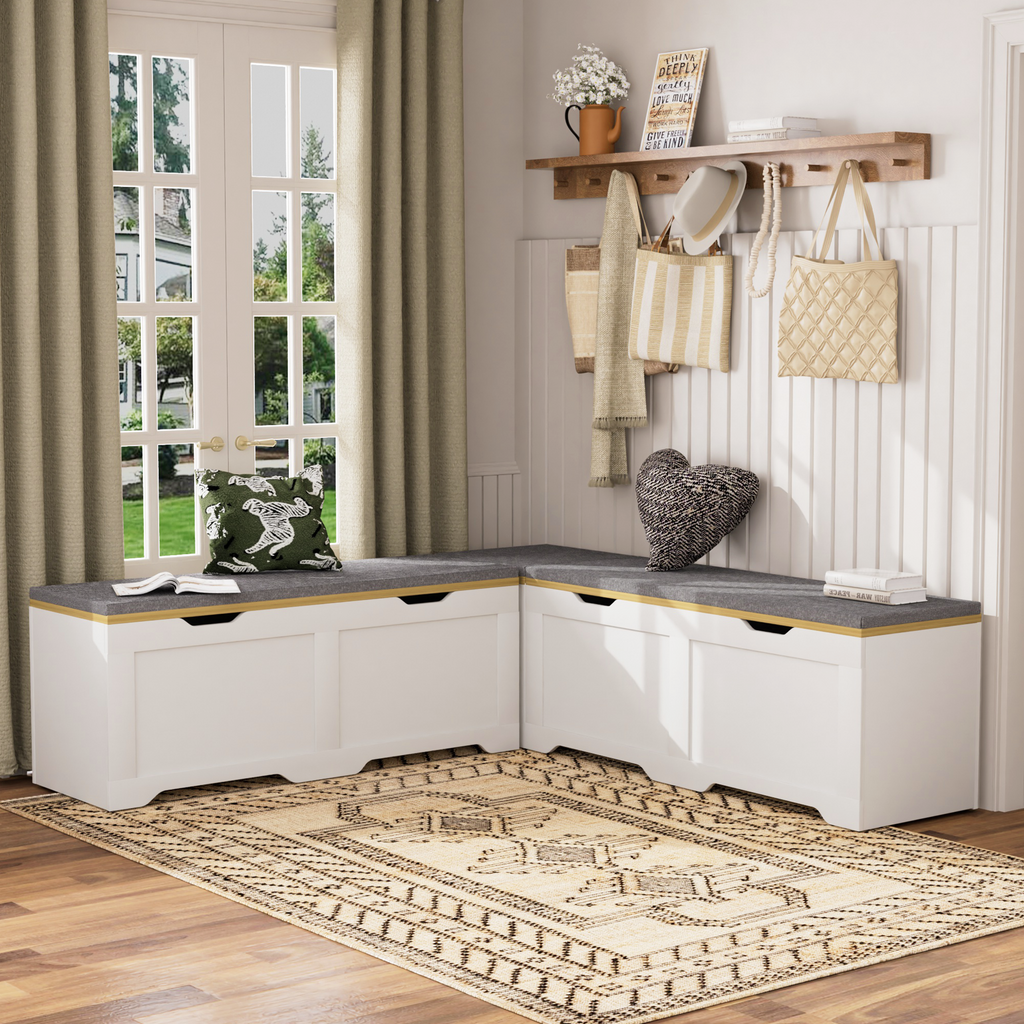 GDFStudio Gaela Farmhouse L-Shaped Storage 63" Benches
