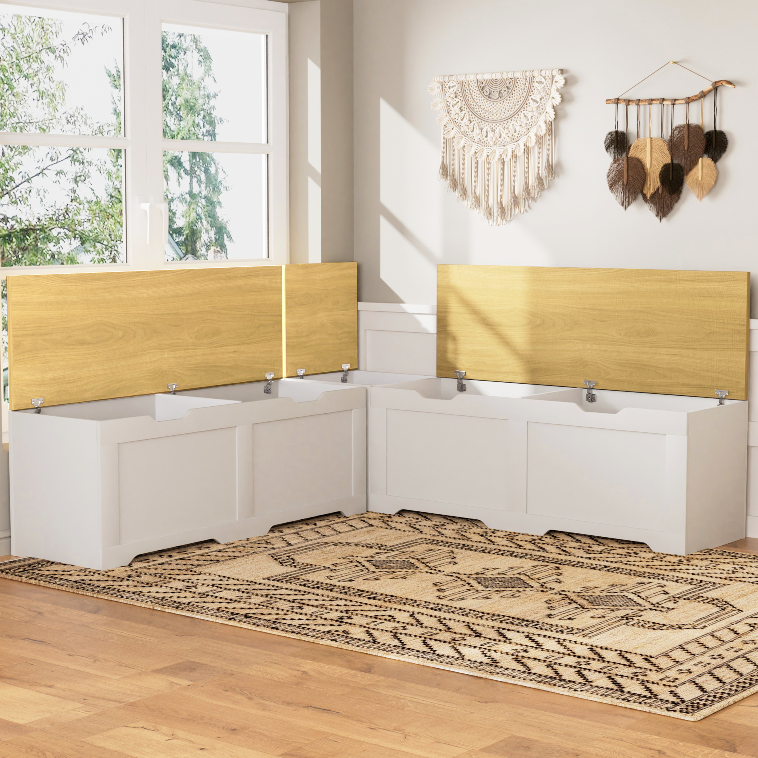 GDFStudio Gaela Farmhouse L-Shaped Storage 63" Benches