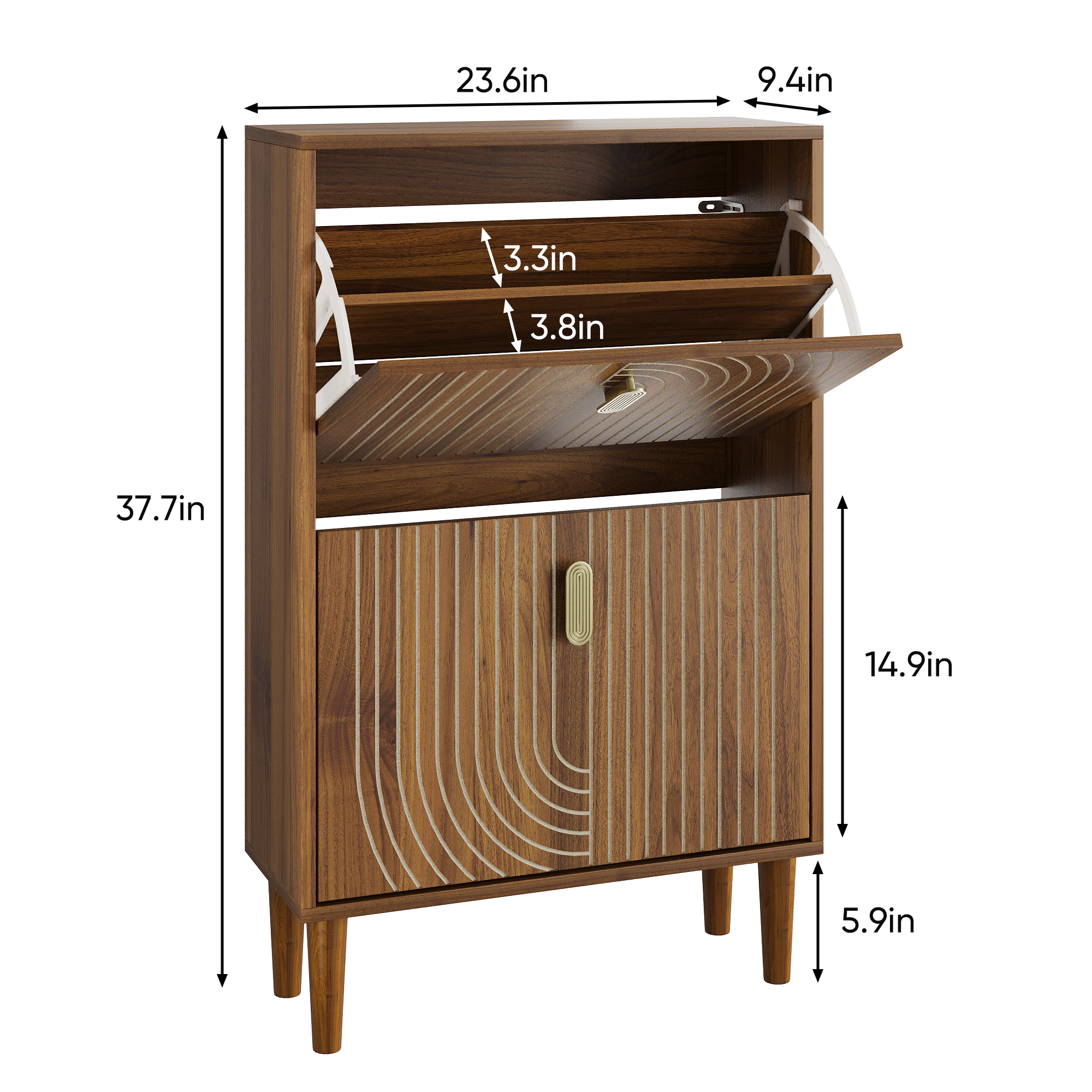 GDFStudio Mid-Century Modern Shoe Storage Cabinet with 2 Flip Doors and Metal Handles, Brown