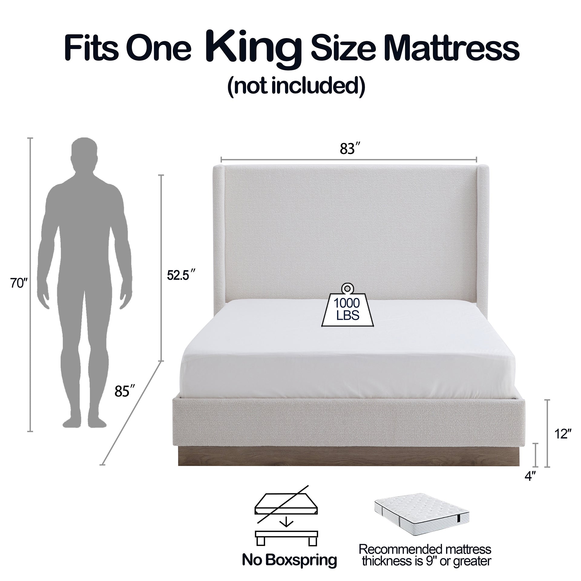 GDFStudio Elodie Modern Upholstered Wingback Bed with 53" High Headboard, King