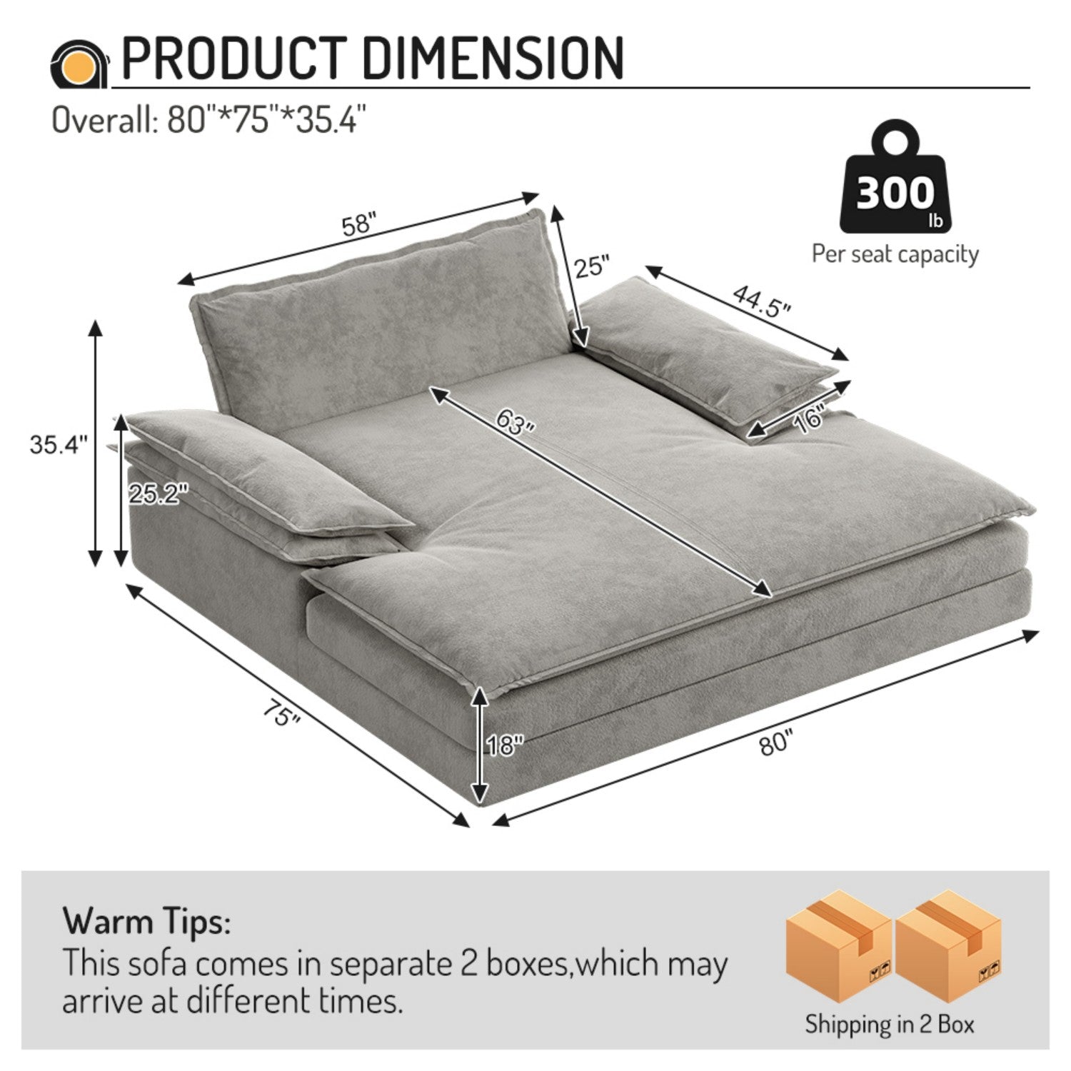 GDFStudio Keene Oversized Chenille Upholstered Double Chaise Lounge with Detachable Cover Design, Gray