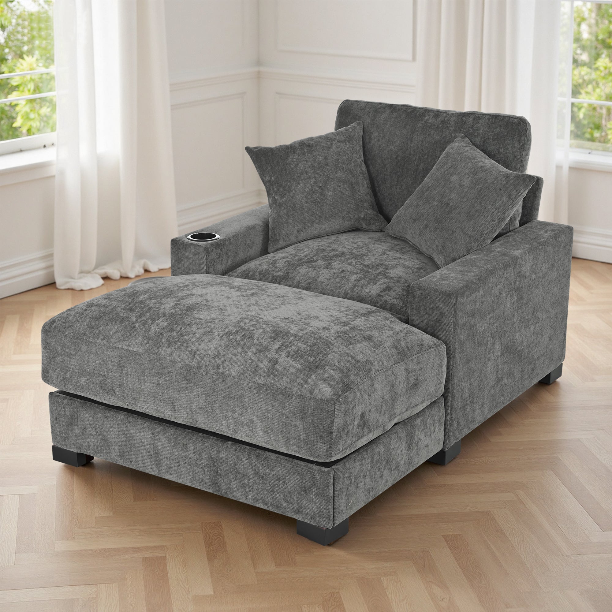 GDFStudio Eureka 41"W Adjustable Backrest Chaise Lounge with USB Port and Removable Fabric, Gray/Chenille