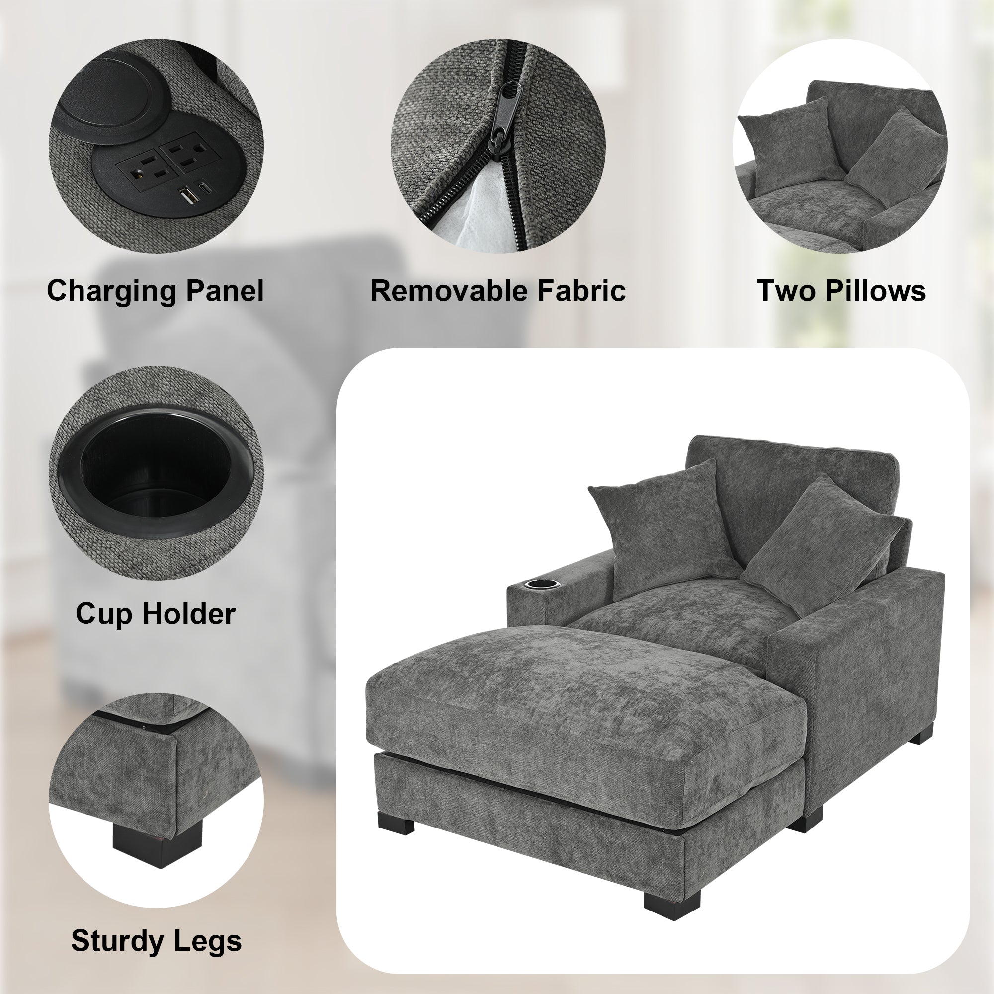 GDFStudio Eureka 41"W Adjustable Backrest Chaise Lounge with USB Port and Removable Fabric, Gray/Chenille