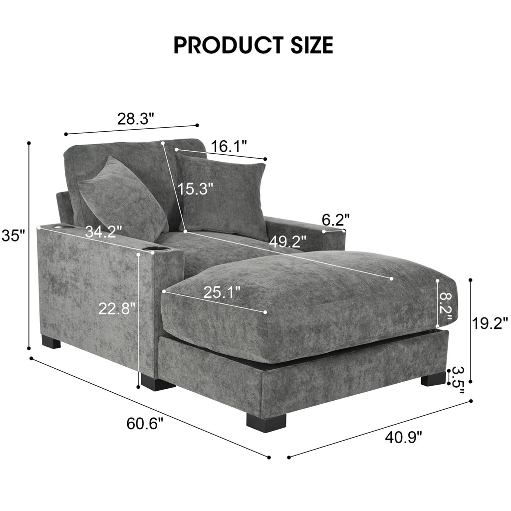 GDFStudio Eureka 41"W Adjustable Backrest Chaise Lounge with USB Port and Removable Fabric, Gray/Chenille