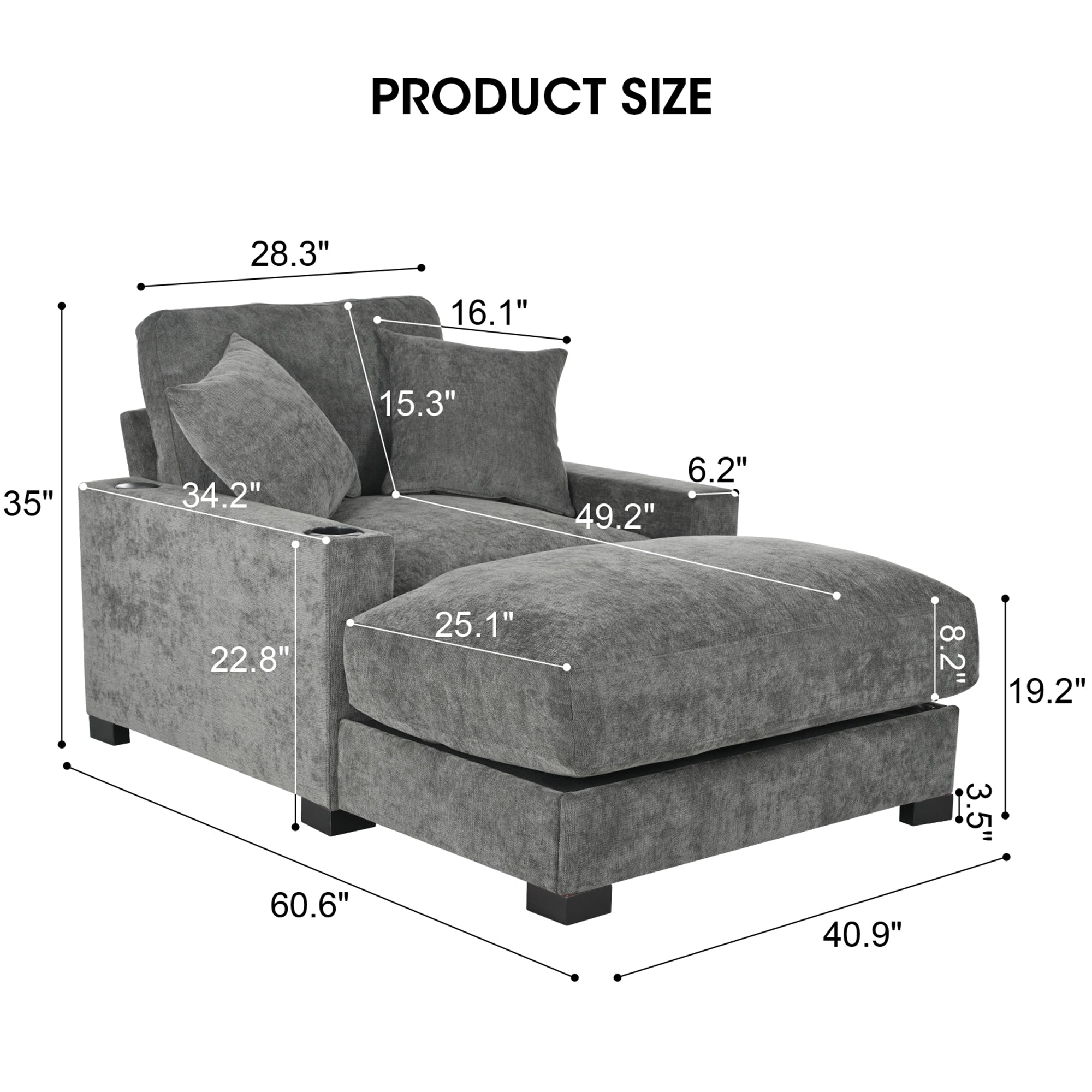 GDFStudio Eureka 41"W Adjustable Backrest Chaise Lounge with USB Port and Removable Fabric, Gray/Chenille