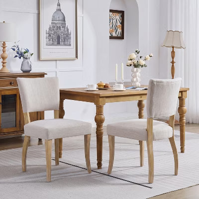 Christopher Knight Home Makhe Mid-Century Modern Rubberwood Upholstered Dining Chairs with Curved Legs (Set of 2), Beige/Natural