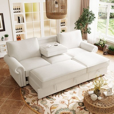 GDFStudio Victor 95" Convertible Sectional Sleeper Sofa with Storage Chaise and Pull-Down Backrest, Beige