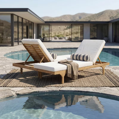 Christopher Knight Home Bennett Patio Rustic Acacia Wood Chaise Lounge with Cushions and 5-Position Adjustable (Set of 2), Teak/Cream, 2-Fold Cushion