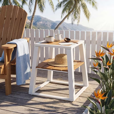 Christopher Knight Home Dave Outdoor Modern Acacia Wood 2-Tier Side Table with Iron Frame, White/Teak