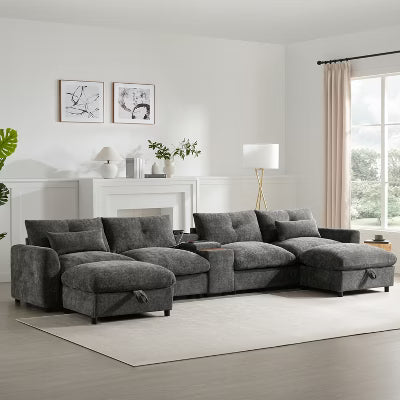 GDFStudio Parker Modern 136" Chenille U-Shaped Modular Sectional Sofa with Two Storage Ottomans and Multifunction Console, Gray